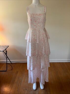 Tiered Light Pink Floral Maxi Dress with Square Neck